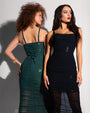 Two models posing in Sweetie Mesh Column Dress - Sequin Black and in Sequin Pine front and back view