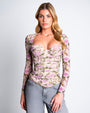 Model wears Sweetie Ruched Long Sleeve Shapewear Top - Lilac Thorny Rose front view