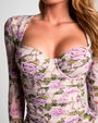 Model wears Sweetie Ruched Long Sleeve Shapewear Top - Lilac Thorny Rose close up