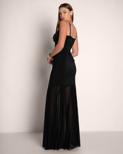Full body back view in Vixen Seamed Flare Maxi Dress - Black