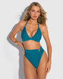 Model wears Triangle Shapewear Bikini Top - Wavy Oceana front view