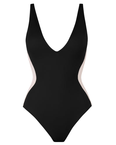 Outline image showing Plungey - Contour Black/Oat Open Back Shapewear Swimsuit