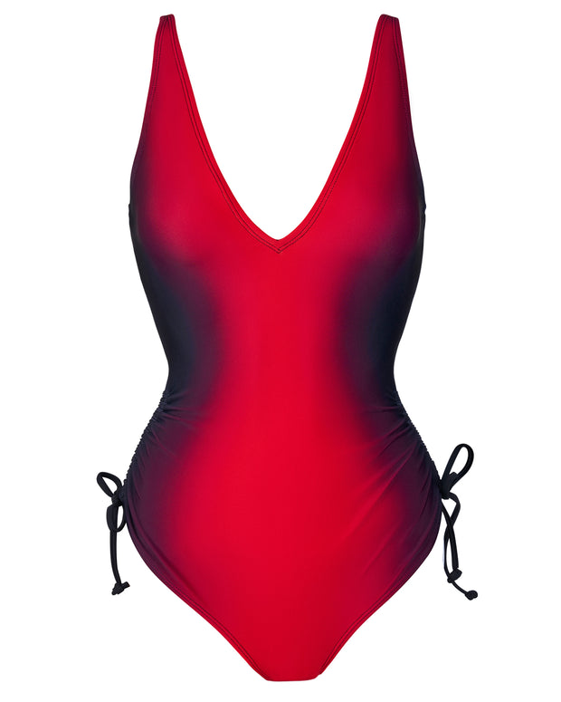 Outline image showing Plungey Cinched Leg Adjustable Shapewear Swimsuit - Red Ombre