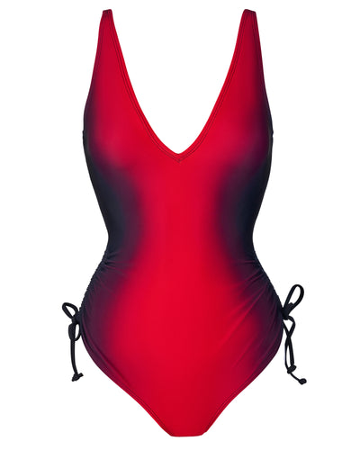 Outline image showing Plungey Cinched Leg Adjustable Shapewear Swimsuit - Red Ombre