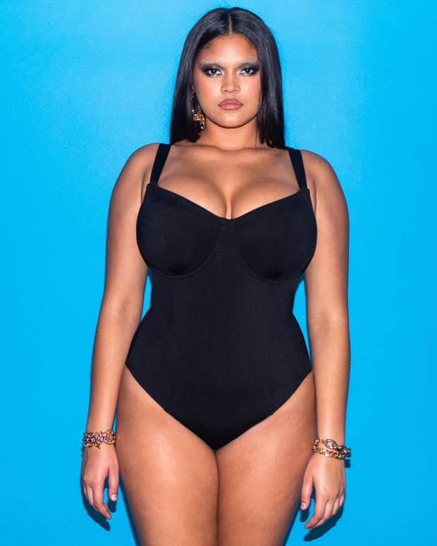 Size L Model wears Lifty - Black One Piece Shapewear Swimsuit full front view