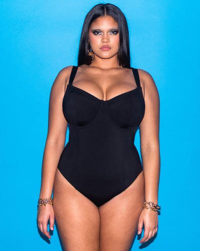 Size L Model wears Lifty - Black One Piece Shapewear Swimsuit full front view