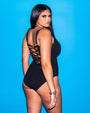 Size L Model wears Lifty - Black One Piece Shapewear Swimsuit side view