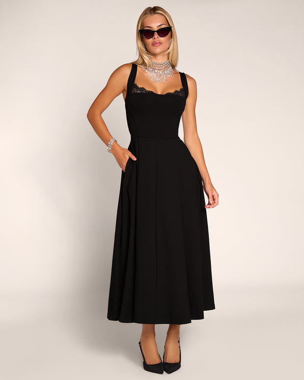 Full body front view of model in Adjustable Length Fit & Flare Midi Dress - Lace Black