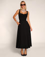 Full body front view of model in Adjustable Length Fit & Flare Midi Dress - Lace Black