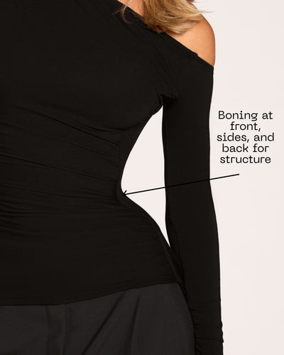 Graphic highlighting the boning structure on Shapey Bias Long Sleeve Top - Black