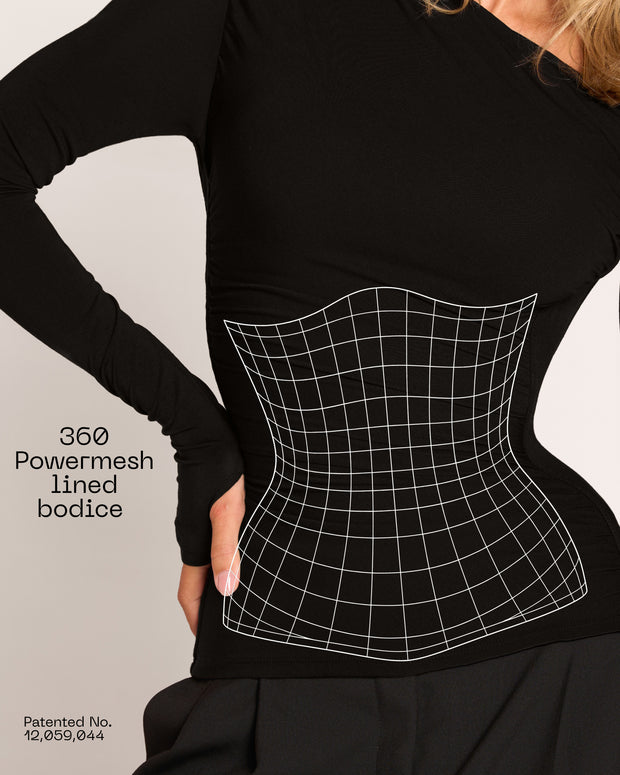 Graphic highlighting the 360 powermesh on Shapey Bias Long Sleeve Top - Black
