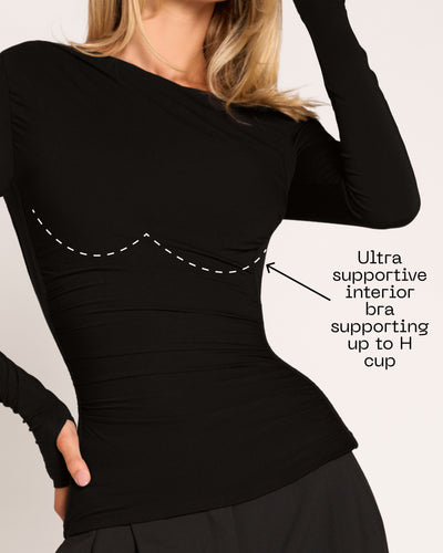 Graphic highlighting interior bra on Shapey Bias Long Sleeve Top - Black