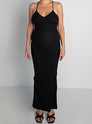 Front view of model in a standard dress before wearing Sweetie Mesh Column Dress.