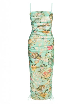 Outline image of Sweetie Mesh Column Dress - Adjustable Aqua Floral maxi 