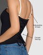 Graphic highlighting the back corset lacing and adjustable straps on Shapey Bra Cami - Black/Lace White