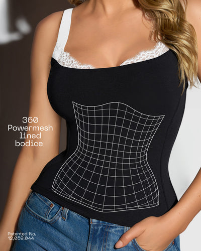 Graphic highlighting the 360 powermesh lined bodice on Shapey Bra Cami - Black/Lace White