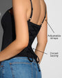 Graphic highlighting the back corset lacing and adjustable straps on Shapey Bra Cami - Black/Lace Black