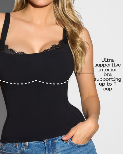 Graphic highlighting the interior bra on Shapey Bra Cami - Black/Lace Black