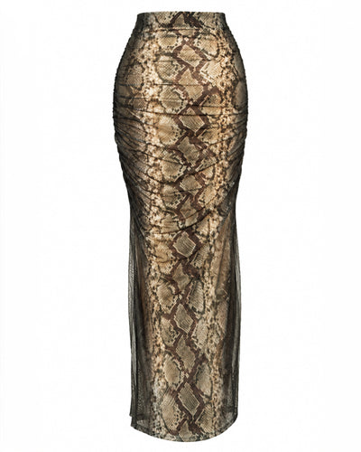 Outline image of Ruched Sheer Maxi Skirty - Natural Snake