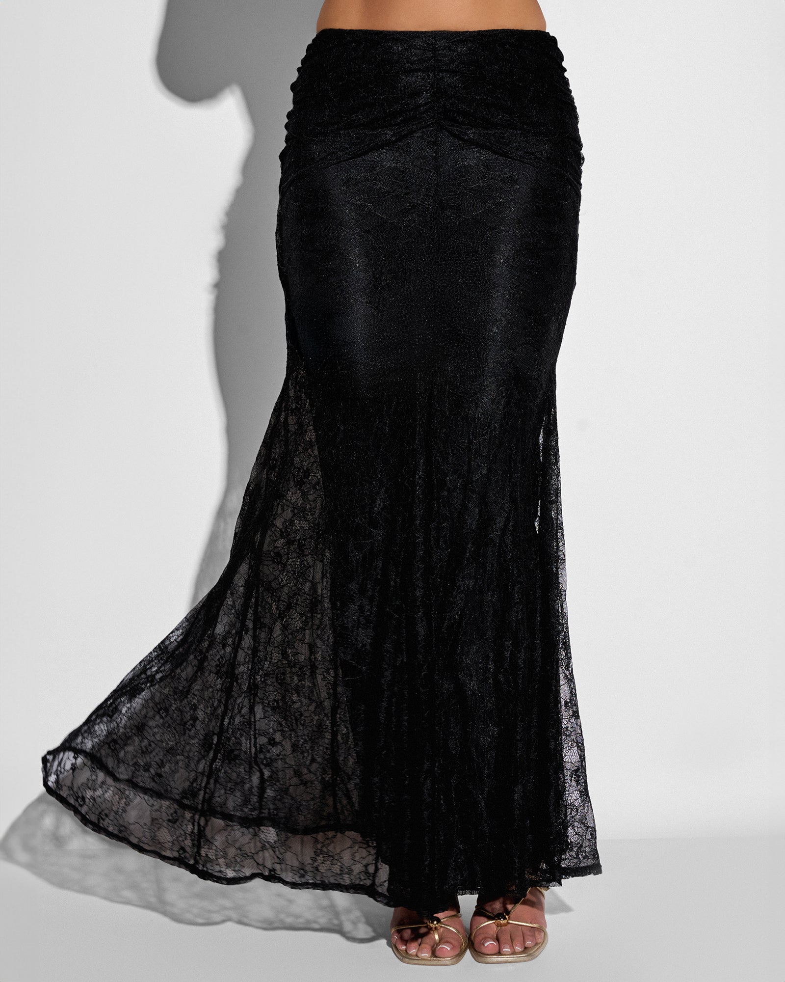 Close up of Mermaid Maxi Skirty - Lace Black flared out on model