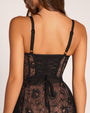 Close up back view of model in Bombshell Midi Dress - Lace Black/Tawny