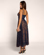 Full body back view of model in Bombshell Midi Dress - Lace Midnight/Tawny