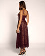 Full body back view of model in Bombshell Midi Dress - Lace Garnet/Tawny