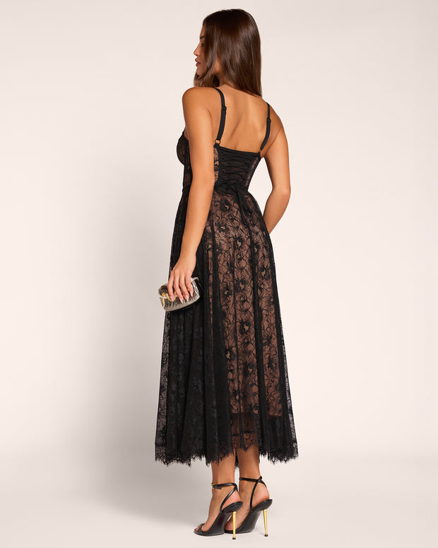 Full body back view of model wearing Bombshell Midi Dress - Lace Black/Tawny