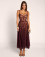 Full body front view of model in Bombshell Midi Dress - Lace Garnet/Tawny