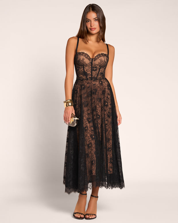 Full body front view of model wearing Bombshell Midi Dress - Lace Black/Tawny
