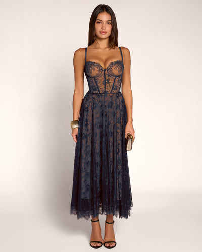 Full body front view of model in Bombshell Midi Dress - Lace Midnight/Tawny