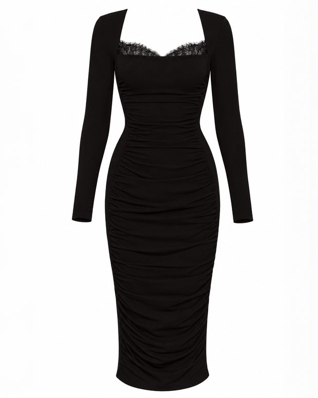 Outline image of Shapey Ruched Long Sleeve Midi Dress - Black