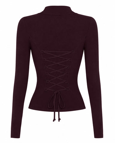 Back outline image of Shapey Ruched Long Sleeve Top - Garnet/Lace