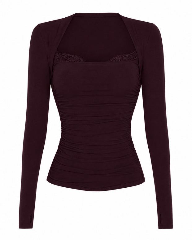 Front outline image of Shapey Ruched Long Sleeve Top - Garnet/Lace