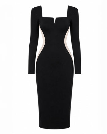 Outline image of Notchy Long Sleeve Midi Dress - Contour Black/Oat