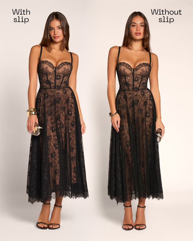 Graphic of Bombshell Midi Dress - Lace Black/Tawny shown with the slip and without the slip