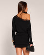 Back view of model in Off Shoulder Long Sleeve Mini Dress - Black