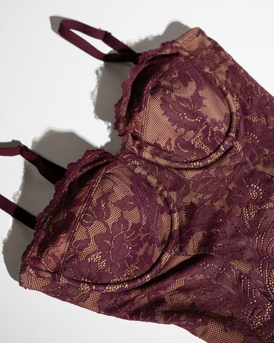 Flat lay close up of Seamed Lushy Midi Dress - Lace Garnet/Tawny