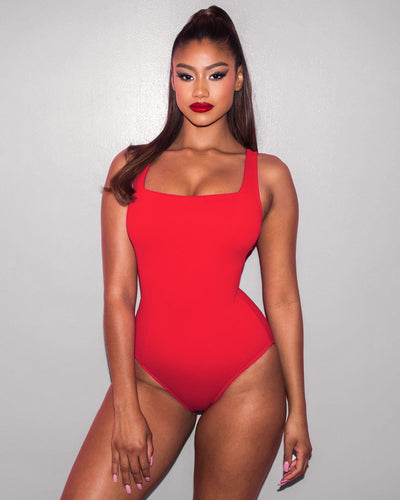 Model wears Squarey - Red Square Neck Sculpting Shapewear Swimsuit front view