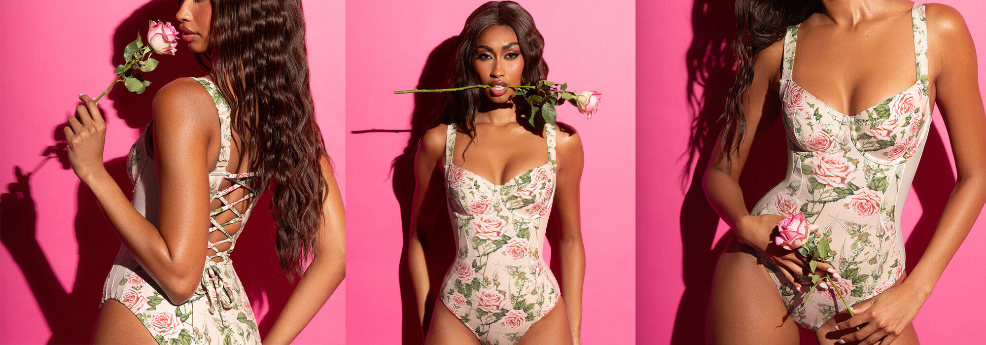 Three panels of a model wearing a floral swimsuit against a pink background