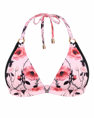 Three quarter back view of model in Triangle Bikini Top - Rose Thistle/Black