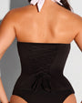 Close up of back view of model in Ruched Square Neck Tankini - Black/White
