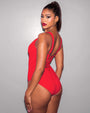 Model wears Squarey - Red Square Neck Sculpting Shapewear Swimsuit back view