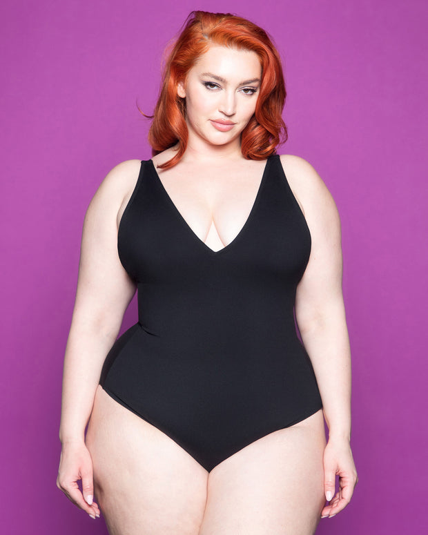 XL size Model wears Plungey - Black Open Back One Piece Shapewear Swimsuit front view