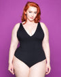 XL size Model wears Plungey - Black Open Back One Piece Shapewear Swimsuit front view