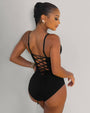 Model wears Lacey One Piece Open Back Sculpting Shapewear Swimsuit - Black back view
