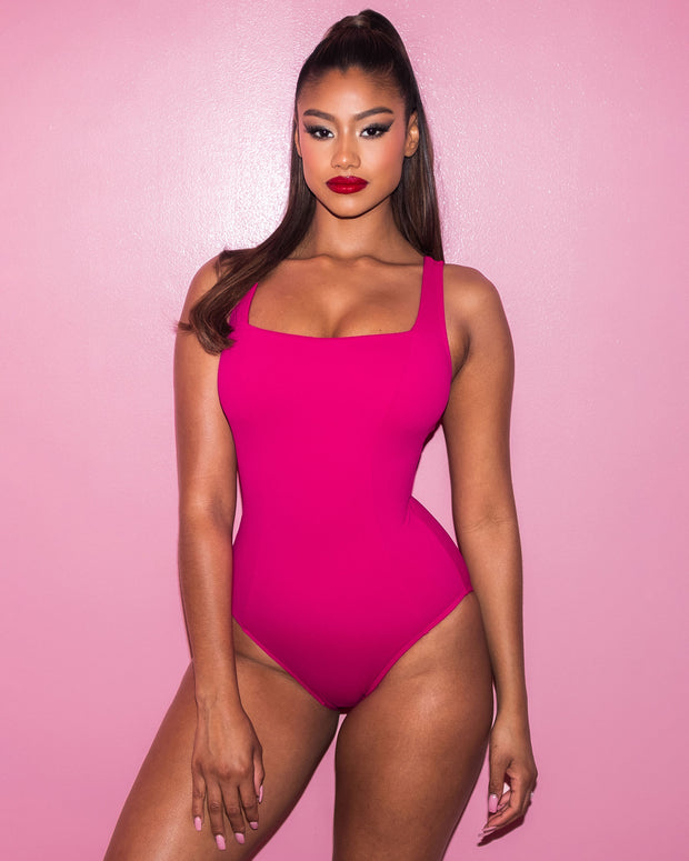 Model wears Squarey - Pink Square Neck Sculpting Shapewear Swimsuit front view
