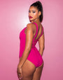 Model wears Squarey - Pink Square Neck Sculpting Shapewear Swimsuit ack view